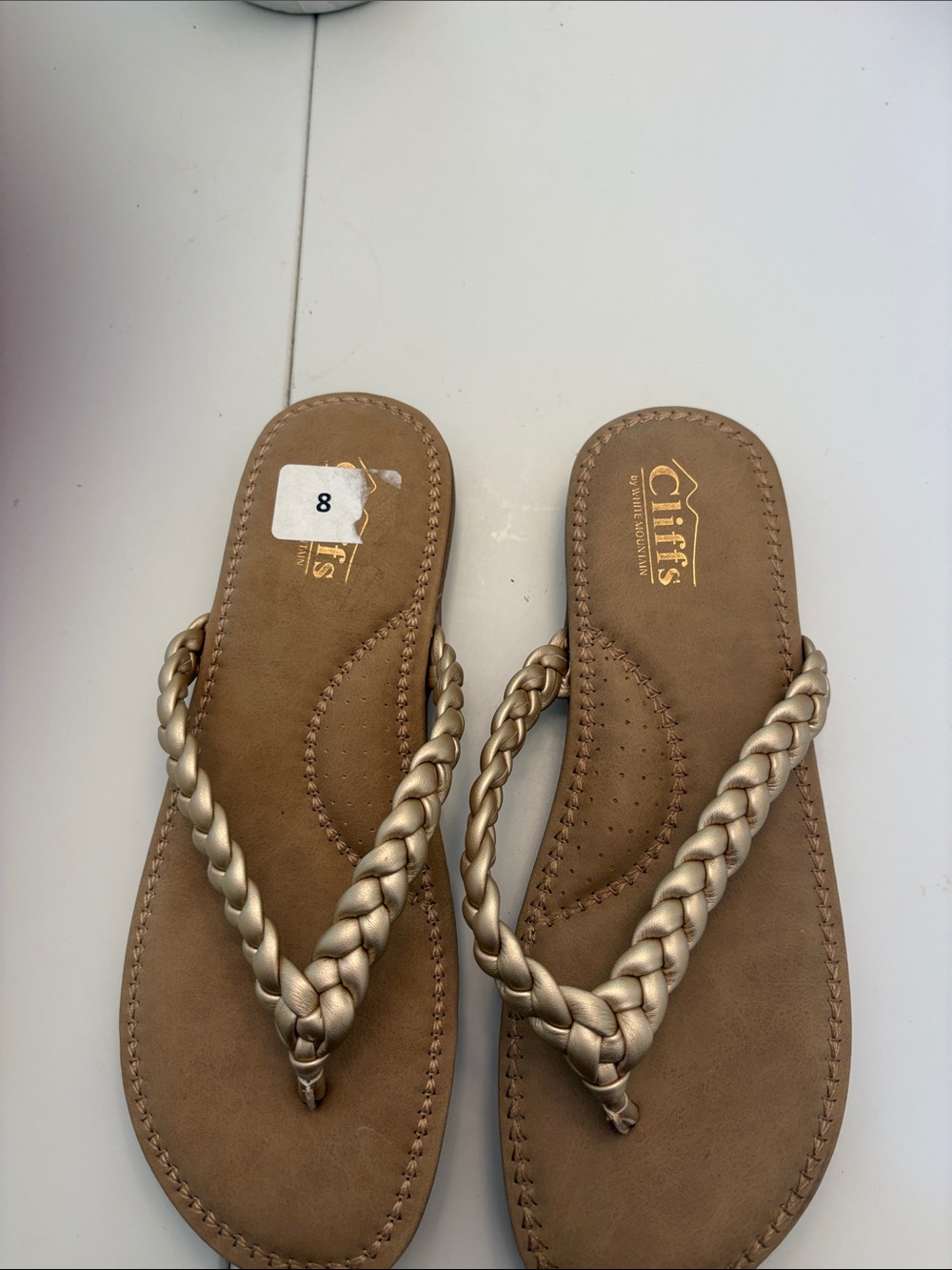 Cliffs by WHITE MOUNTAIN Braided Metallic Champagne Strap Tan Slide Sandal